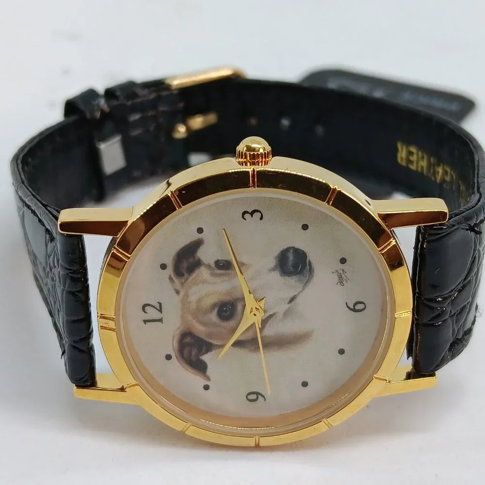 Greyhound 33mm Women's Gold Tone Black Leather Band Dog Watch